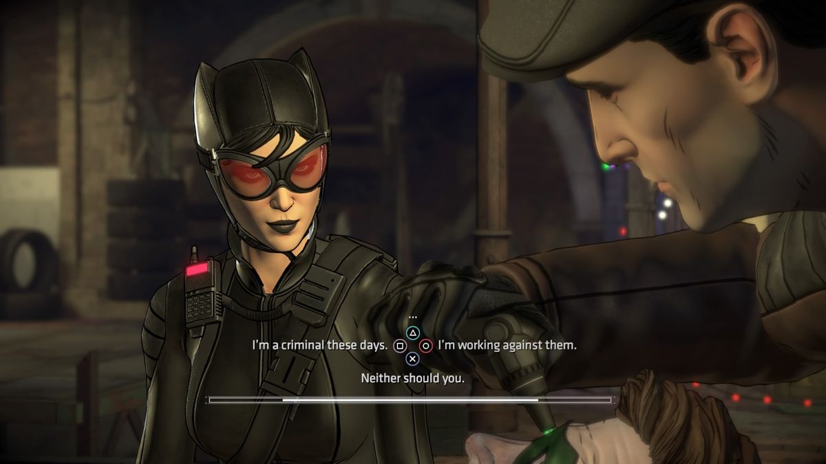 Batman: The Telltale Series - The Enemy Within: Episode Three - Fractured Mask (PlayStation 4) screenshot: Explaining how you got mixed up with the gang