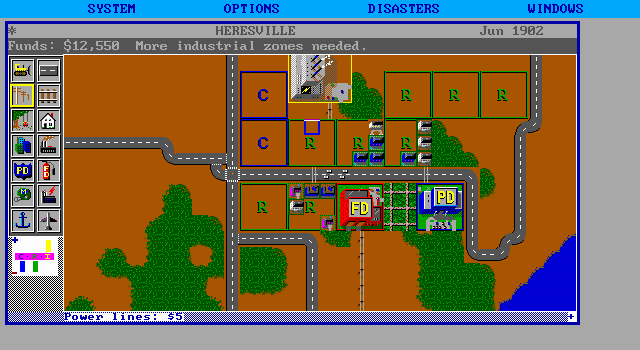SimCity (DOS) screenshot: Now village - mission: from zero to city.