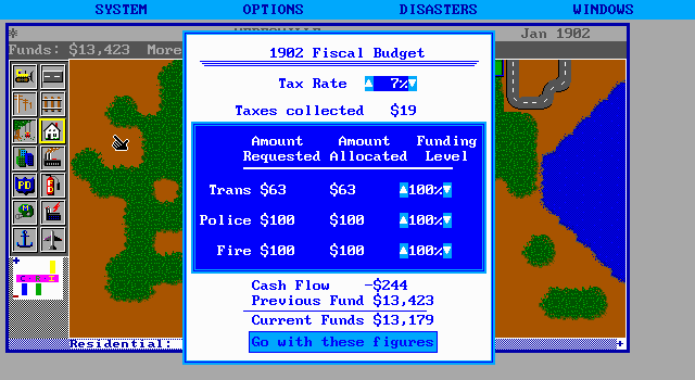 SimCity (DOS) screenshot: Financial stats - in minus