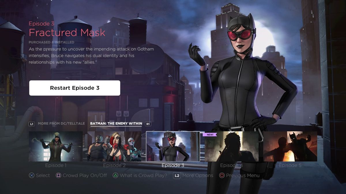 Batman: The Telltale Series - The Enemy Within: Episode Three - Fractured Mask (PlayStation 4) screenshot: Episode 3 select screen
