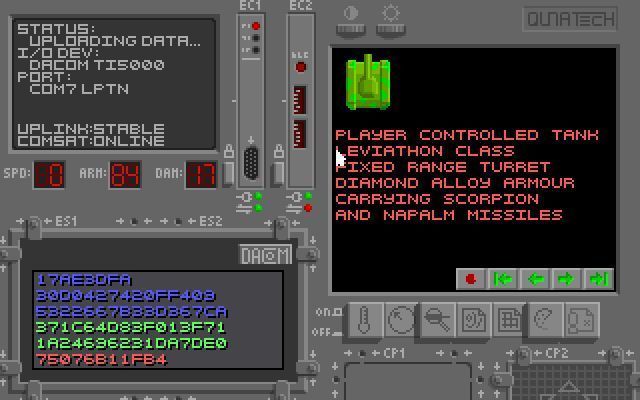 Enemy Lines (DOS) screenshot: This is one of the information screens. It shows the characteristics of the player's tank.