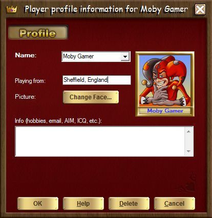 Championship Euchre All-Stars (Windows) screenshot: When the game loads for the first time the player sets up an identity for themselves. v7.5