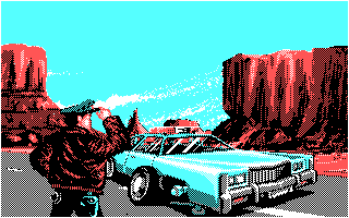 Highway Patrol II (DOS) screenshot: Police car's wheels are lost because of too much off-road driving (CGA)