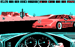 Highway Patrol II (DOS) screenshot: Targeting the wanted red car (CGA)