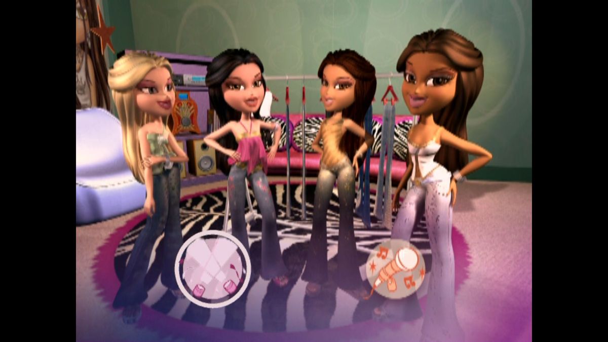 Bratz Glitz 'N' Glamour (DVD Player) screenshot: Amazin' Activities: Story<br>The girls are together and need to decide whether they are going to dress for a show or for a band performance. A player choice is needed