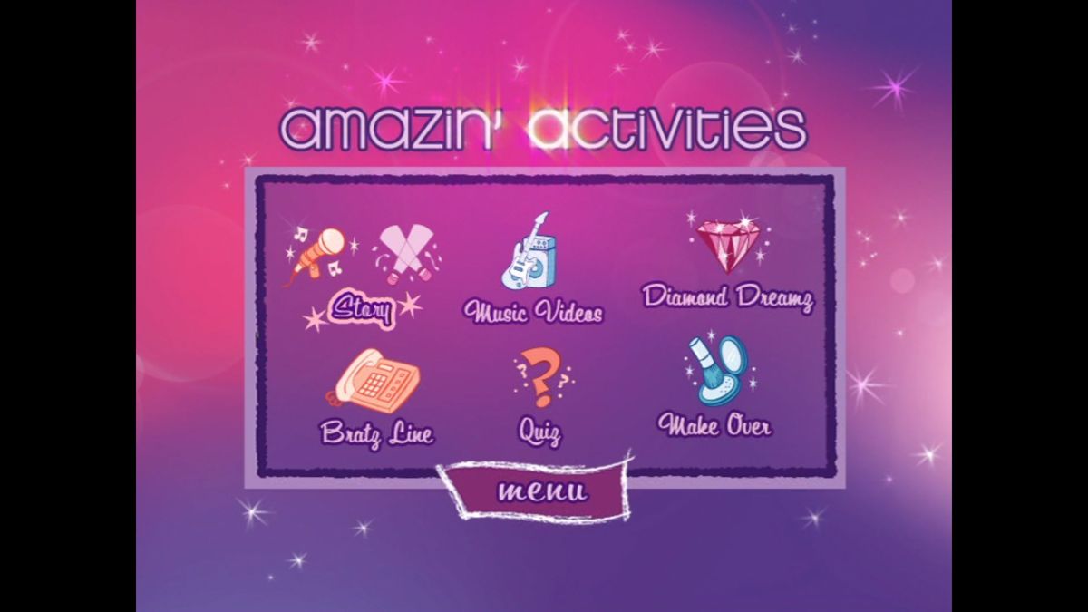 Bratz Glitz 'N' Glamour (DVD Player) screenshot: The Amazin' Activities menu. These are all the activities that the player will encounter in the main story