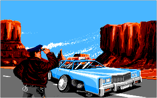 Highway Patrol II (DOS) screenshot: Police car's wheels are lost because of too much off-road driving (VGA)