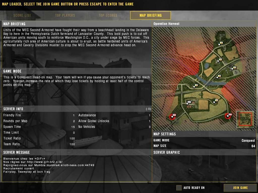 Battlefield 2: Booster Pack - Armored Fury (Windows) screenshot: Map #1 Operation Harvest depicting America's heartland which makes for rolling open field tank battles