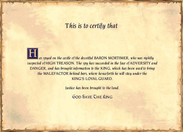 Castle Explorer (Windows) screenshot: The certificate awarded at the end of the game.