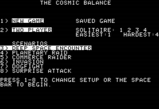 The Cosmic Balance (Apple II) screenshot: Main Menu