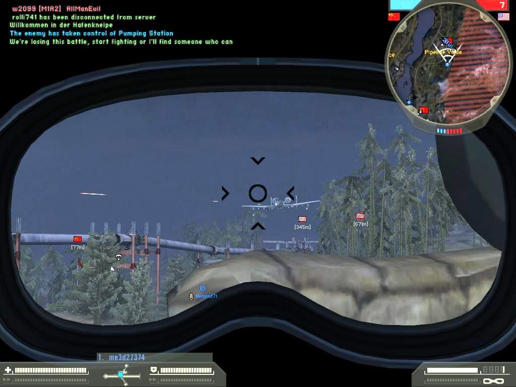 Battlefield 2: Booster Pack - Armored Fury (Windows) screenshot: Defending the flag using the TOW I'm looking for tanks when out of the mist...USMC A-10 Thunderbolt II "Warthog" on a bombing/strafing run!