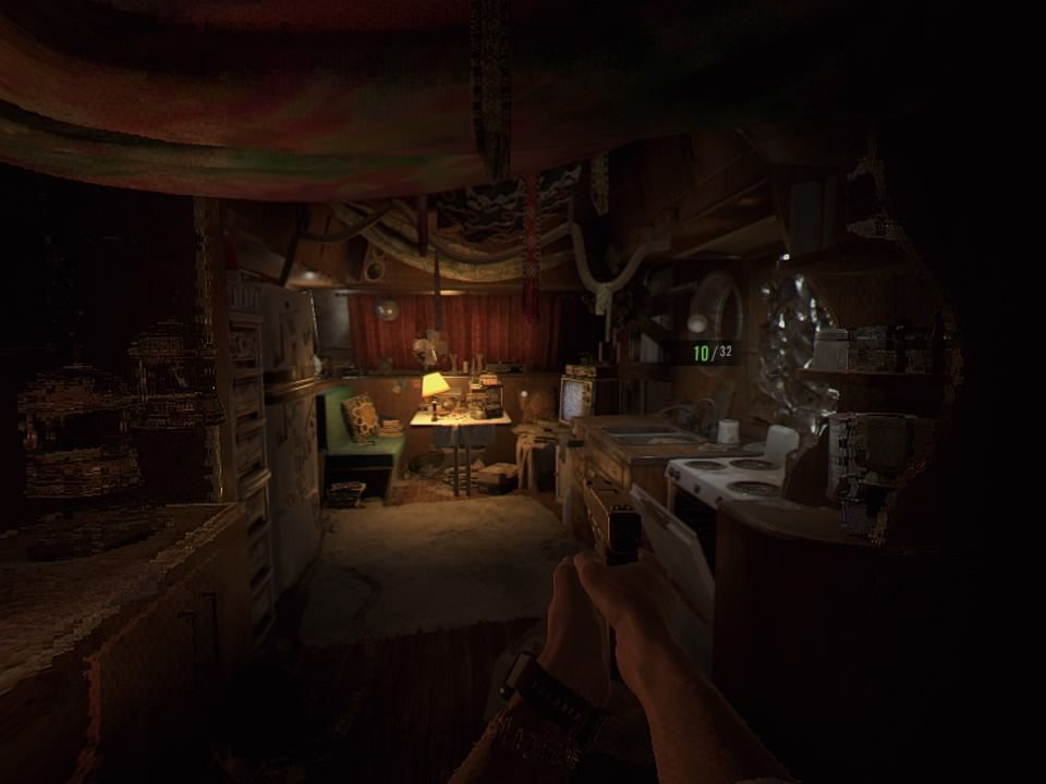 Resident Evil 7: Biohazard (PlayStation 4) screenshot: Inside the camp trailer (VR mode)