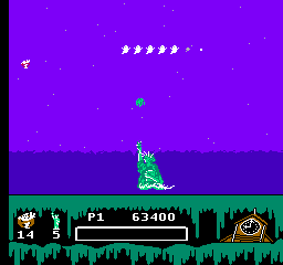 Ghostbusters II (NES) screenshot: ...and proceeds to play "Space Invaders" with the ghosts