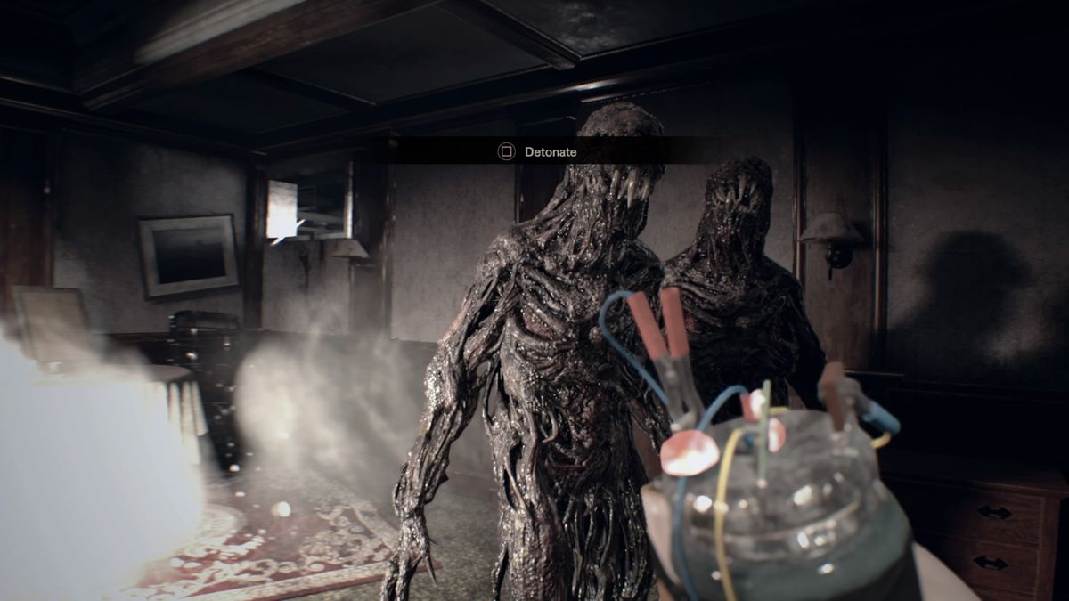 Resident Evil 7: Biohazard (PlayStation 4) screenshot: Bombs are quite effective at taking down monsters