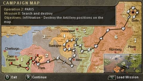 Legends of War: Patton's Campaign (PSP) screenshot: The campaign map - Paris has yet to be taken