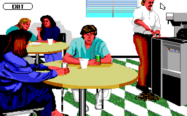 Life & Death II: The Brain (PC-98) screenshot: Hey dude in white shirt, quit spilling the coffee!