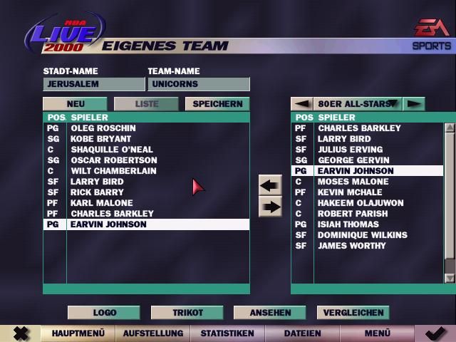 NBA Live 2000 (Windows) screenshot: Creating own team!!