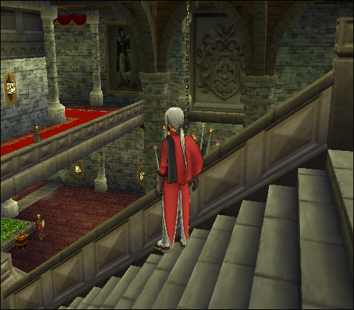 Dragon Quest VIII: Journey of the Cursed King (PlayStation 2) screenshot: Palace interiors are exquisitely decorated. I tried hard to have a good view of the art as well as the room below included