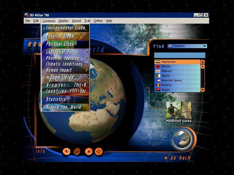 3D Atlas (Windows) screenshot: The title occupies a window in the centre of the players' screen and fills any unused space with a starfield<br>The quiz iz accessed via a dropdown menu