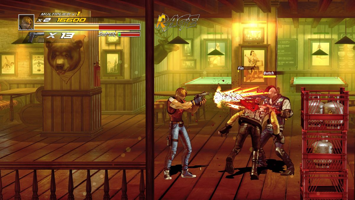 The TakeOver (Windows) screenshot: Using the regular handgun in a bar. All characters carry a gun by default and can switch at any moment as long as there is ammo left (September 2018 Early Access version).