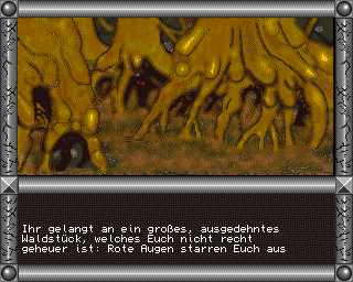 Jaktar: Der Elfenstein (Amiga) screenshot: Came to a large forest... red eyes stare at you from the thicket