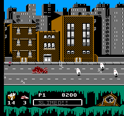 Ghostbusters II (NES) screenshot: ... and occasionally gets slimed...