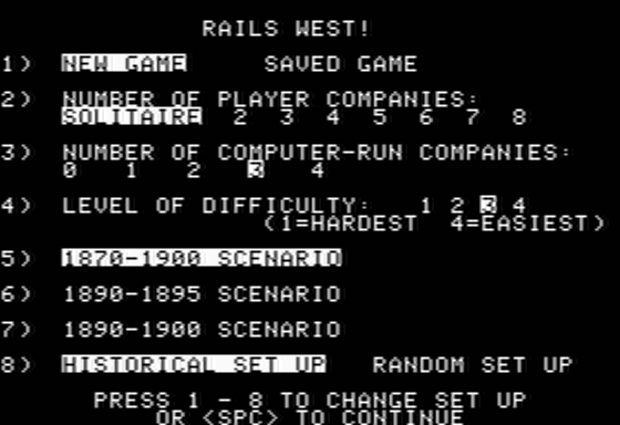 Rails West! (Apple II) screenshot: Main Menu