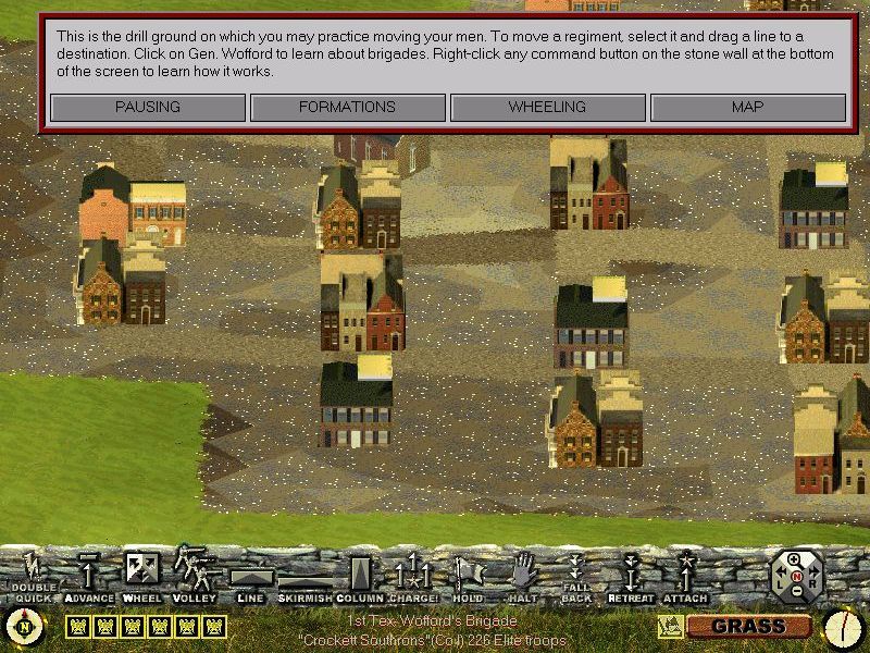Sid Meier's Antietam! (Windows) screenshot: It is possible to zoom in/out using the + & - controls in the lower menu bar, or the x & z keyboard controls. This is a close look at a town<br><br>Demo version