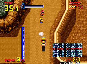 Thrash Rally (Neo Geo) screenshot: The game zooms out when jump over a hill.
