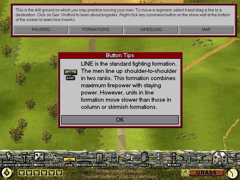 Sid Meier's Antietam! (Windows) screenshot: The 'Moving Troops tutorial says that clicking on a formation button will bring up an explanation and it was right<br><br>Demo version