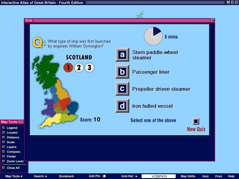 The Ordnance Survey Interactive Atlas of Great Britain: Fourth Edition (included game) (Windows) screenshot: This is singl e player quiz. The player must get three questions correct in order to move to the next region