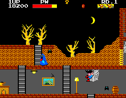 Ghost House (SEGA Master System) screenshot: "I'm trapped in a spider's web, but where is the spider?"