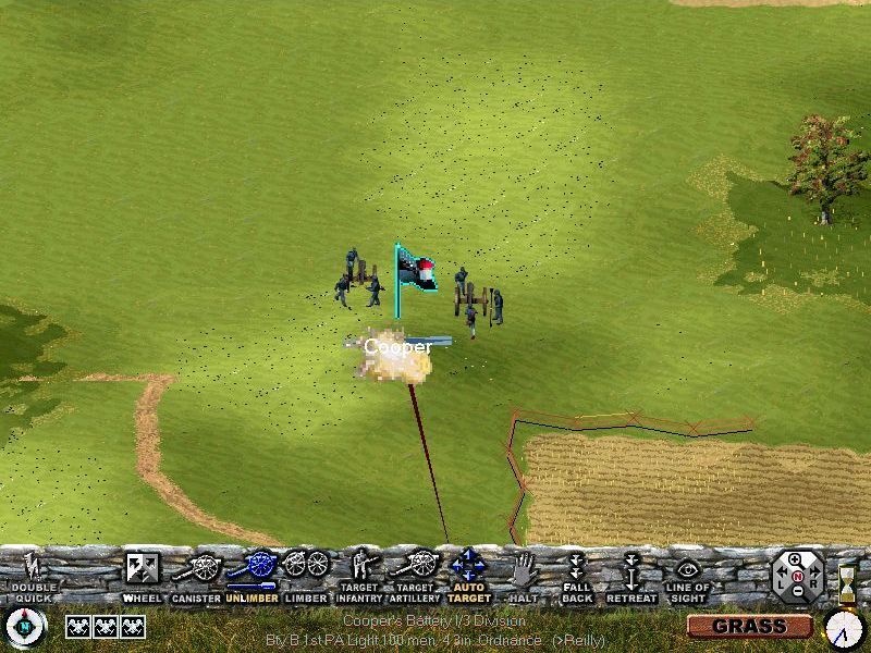 Sid Meier's Antietam! (Windows) screenshot: A scenario starts by showing the Victory Points and then individual units. This is Cooper's Battery and they are under fire, they must either move or unlimber and return fire