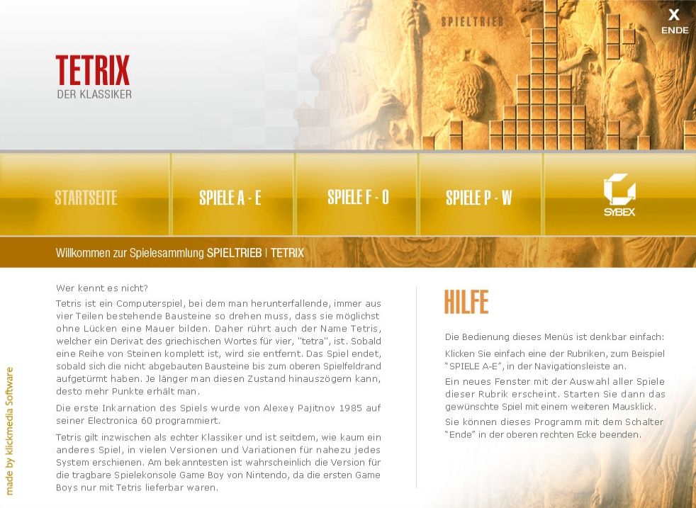 Tetrix-50 Variationen (Windows) screenshot: Main Menu (Runs in a window)