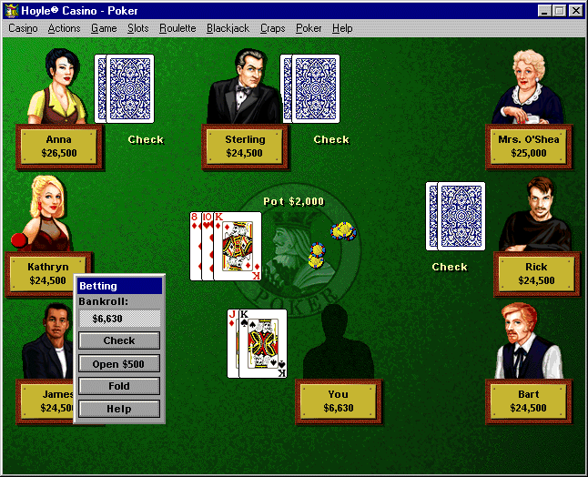 Hoyle Casino (Windows 16-bit) screenshot: Texas Hold 'Em Poker game in-progress