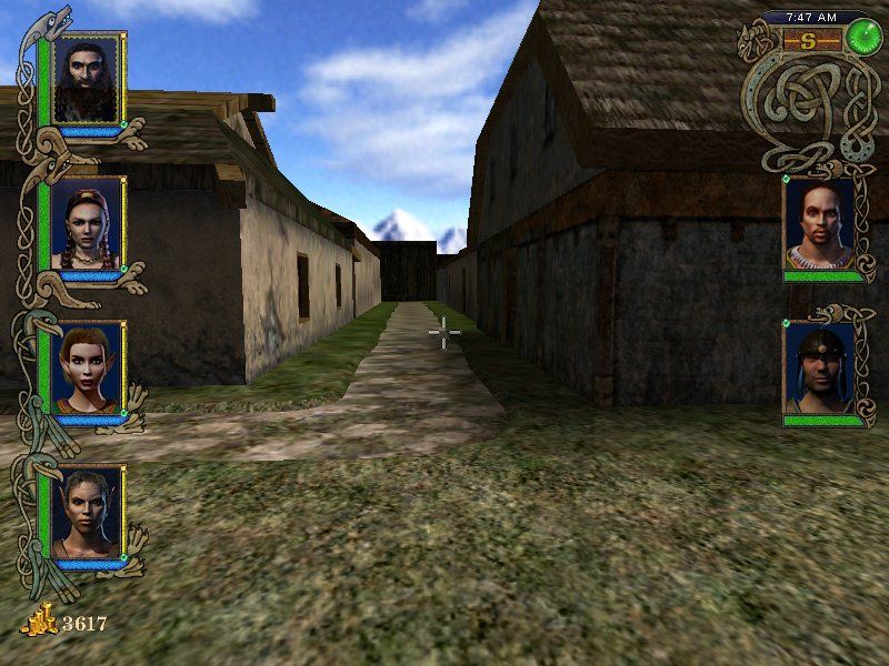 Might and Magic IX (Windows) screenshot: Typical street scene - a quiet area in the city of Guberland