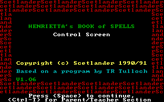Henrietta's Book of Spells (DOS) screenshot: The main menu where you can enter the 'parents' section