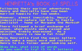 Henrietta's Book of Spells (DOS) screenshot: Some story - and choice of the numbers of letters