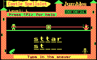 Henrietta's Book of Spells (DOS) screenshot: 'Jumbles' means correcting the order of letters in words
