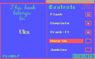 Henrietta's Book of Spells (DOS) screenshot: The main screen shows 'magic letters' already found