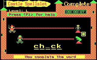 Henrietta's Book of Spells (DOS) screenshot: 'Complete' requires typing the missing letters