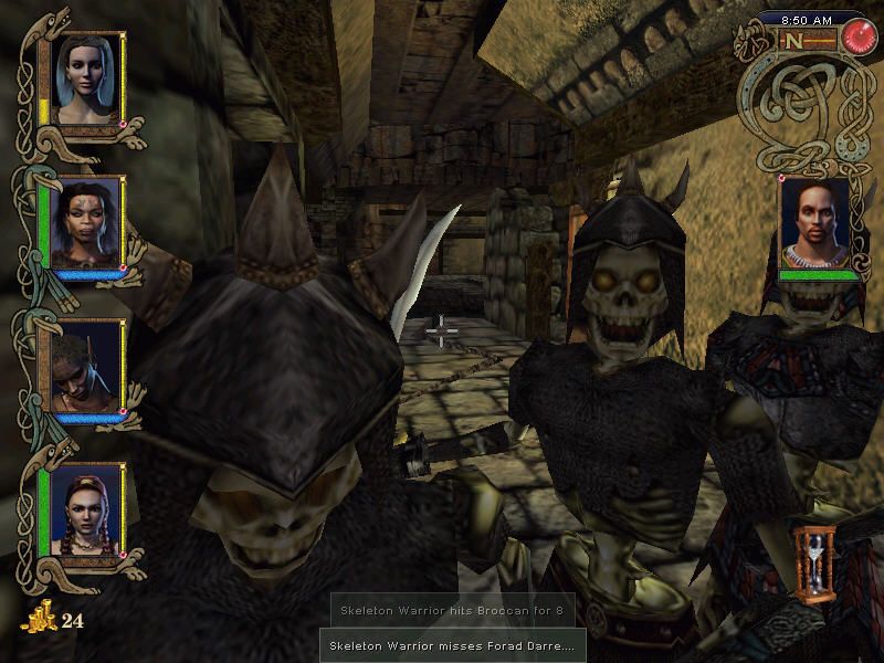 Might and Magic IX (Windows) screenshot: Fearsome skeletons attack you on the Island of Ashes