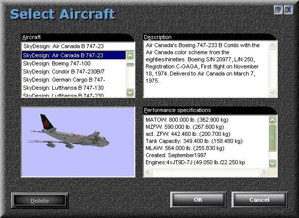 747 (Windows) screenshot: All the aircraft in this package are grouped under the SkyDesign label. Microsoft Flight Simulator 98