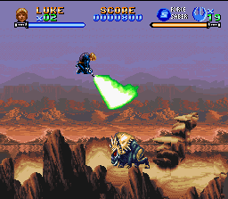 Super Star Wars: Return of the Jedi (SNES) screenshot: Luke crosses the Tatooine desert in search of Han Solo. Your Jedi fighting style remains unchanged.