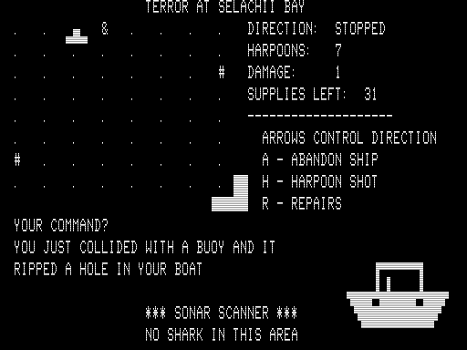 Terror at Selachii Bay (TRS-80) screenshot: I Ran into a Buoy