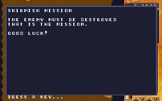 Arrakis (DOS) screenshot: Skirmish mission briefing.