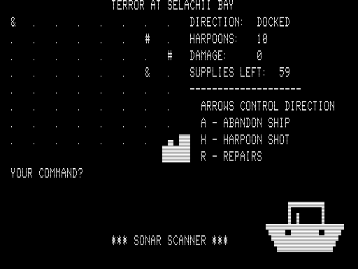 Terror at Selachii Bay (TRS-80) screenshot: Adventuring into the Ocean
