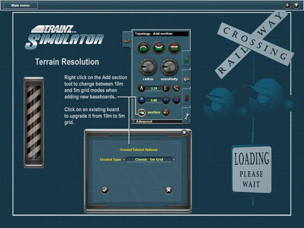 Trainz Simulator 2009: World Builder Edition (Windows) screenshot: While 'Surveyor' loads a track, various tips&tricks are shown.