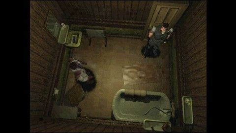 Resident Evil: Director's Cut (PSP) screenshot: Ah, sorry, didn't know the toilet was occupied