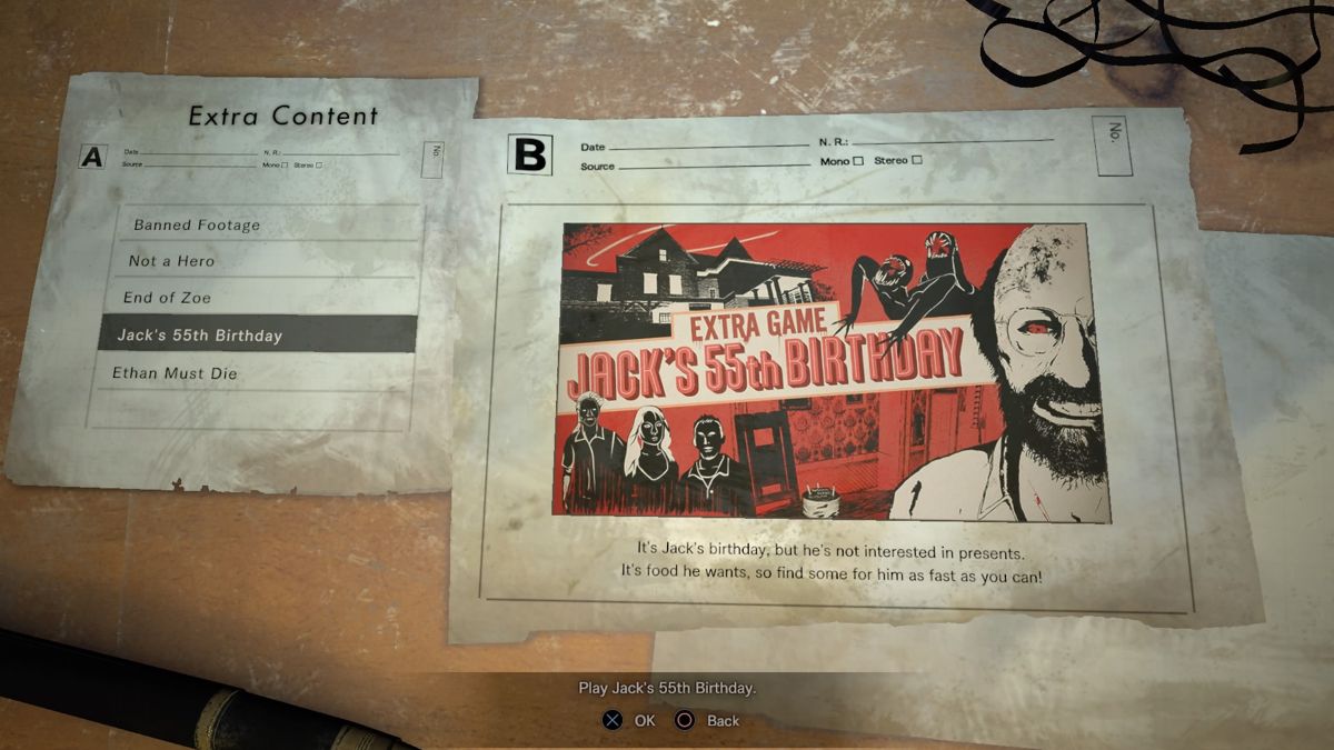 Resident Evil 7: Biohazard - Banned Footage: Vol.2 (PlayStation 4) screenshot: Jack's 55th Birthday: Extra game select screen